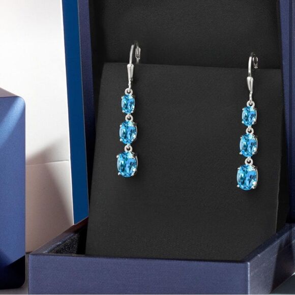 925 Sterling Silver with 6.10 Cttw 3 Stone Swiss Blue Topaz Leverback Earrings - Picture 4 of 5